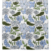 青と緑の手描きフローラブロックプリント シャワーカーテン (正面)