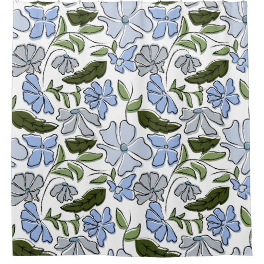 青と緑の手描きフローラブロックプリント シャワーカーテン (正面)