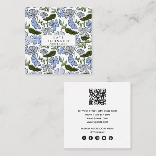 青と緑の手描きフローラブロックプリント スクエア名刺 (正面/裏面)
