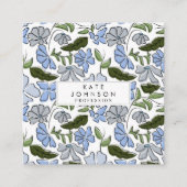 青と緑の手描きフローラブロックプリント スクエア名刺 (正面)