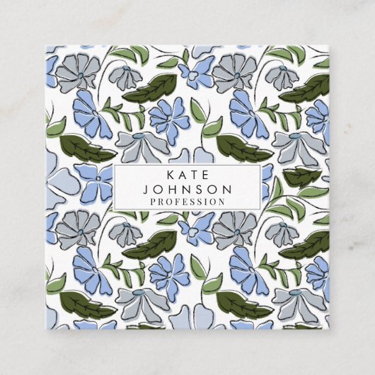 青と緑の手描きフローラブロックプリント スクエア名刺 (正面)