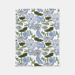 青と緑の手描きフローラブロックプリント フリースブランケット