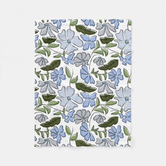 青と緑の手描きフローラブロックプリント フリースブランケット (正面)
