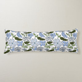 青と緑の手描きフローラブロックプリント ボディピロー