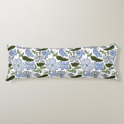 青と緑の手描きフローラブロックプリント ボディピロー (正面)