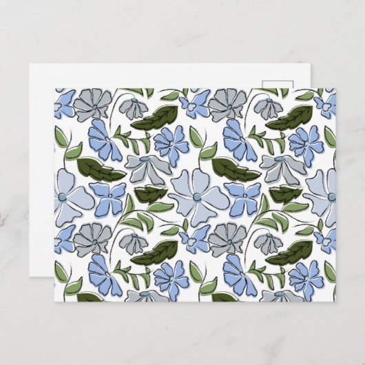 青と緑の手描きフローラブロックプリント ポストカード (正面/裏面)