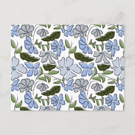 青と緑の手描きフローラブロックプリント ポストカード (正面)