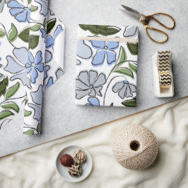 青と緑の手描きフローラブロックプリント ラッピングペーパー