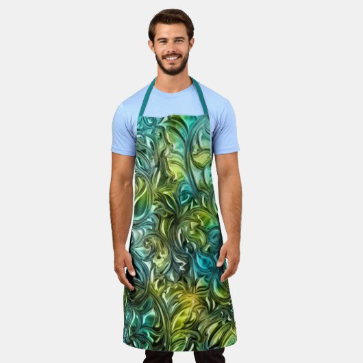 青と緑の抽象デザイン エプロン (着用した状態)