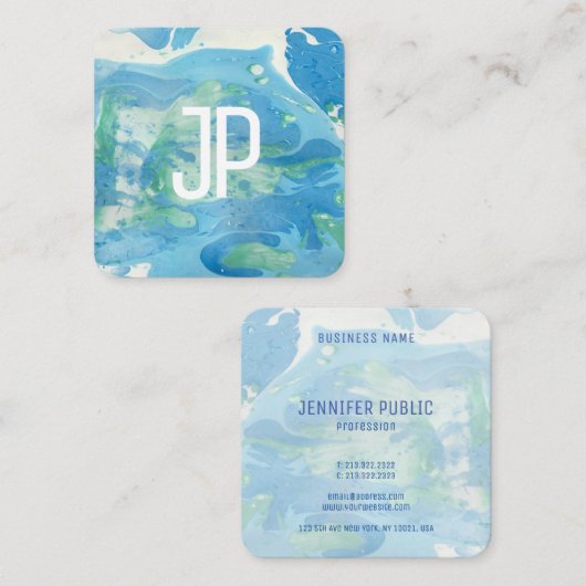青と緑の抽象芸術・モダンモノグエレガントラム スクエア名刺 (正面/裏面)