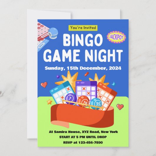 青と緑の楽しいビンゴゲームナイト招待状 招待状 (正面)