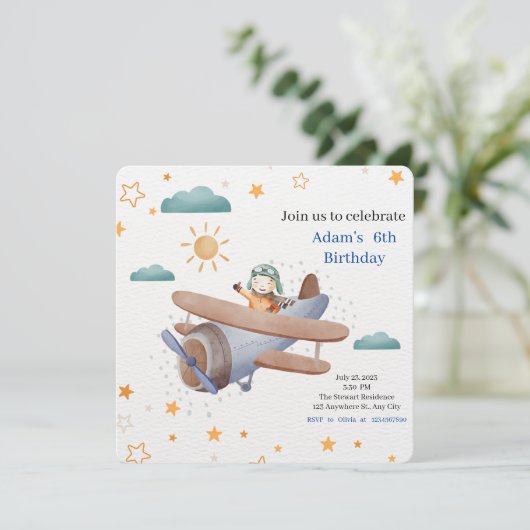 青と緑の水彩画飛行機パイロットベイビー 招待状 (スタンド正面)