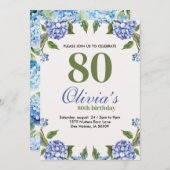 青と緑の水彩紫陽花80誕生日 招待状 (正面/裏面)