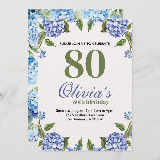 青と緑の水彩紫陽花80誕生日 招待状 (正面/裏面)