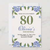 青と緑の水彩花菫の80歳誕生日 招待状 (正面)