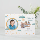 青と緑の水彩飛行機の誕生日 招待状 (スタンド正面)