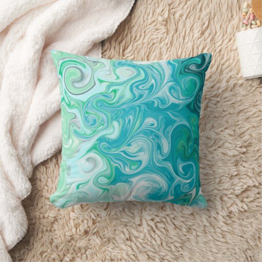 青と緑の波デジタル流体アート クッション (ブランケット)