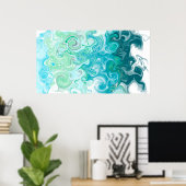 青と緑の波デジタル流体アート ポスター (ホームオフィス)