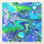 青と緑の流体アート絵画の効果 ガラスコースター (正面)