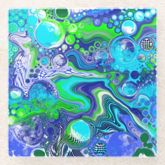 青と緑の流体アート絵画の効果 ガラスコースター (正面)