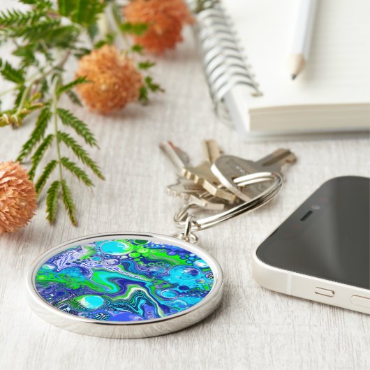青と緑の流体アート絵画の効果 キーホルダー (側面)