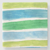 青と緑の海ストライプの水色 ストーンコースター (正面)