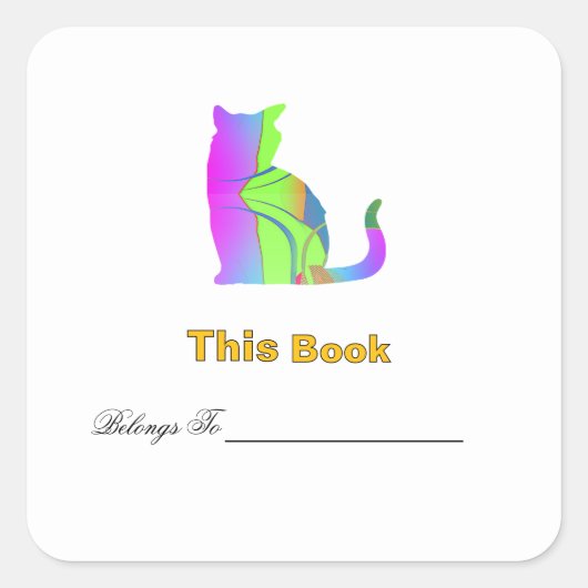 青と緑の猫のデザインの蔵書票  スクエアシール (正面)