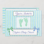 青と緑の男のストライプの子の赤ちゃんシャワー招待状 招待状 (正面/裏面)