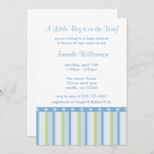 青と緑の男の赤ちゃんストライプシャワー招待状 招待状 (正面/裏面)