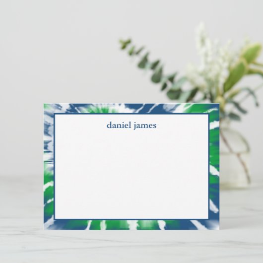 青と緑の絞り染めパーソナライズされたフラットノートカード 招待状 (スタンド正面)