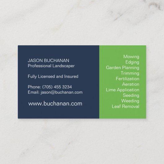 青と緑の芝生気にと庭いじり 名刺 (裏面)