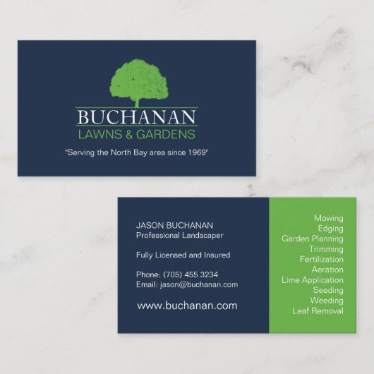 青と緑の芝生気にと庭いじり 名刺 (正面/裏面)