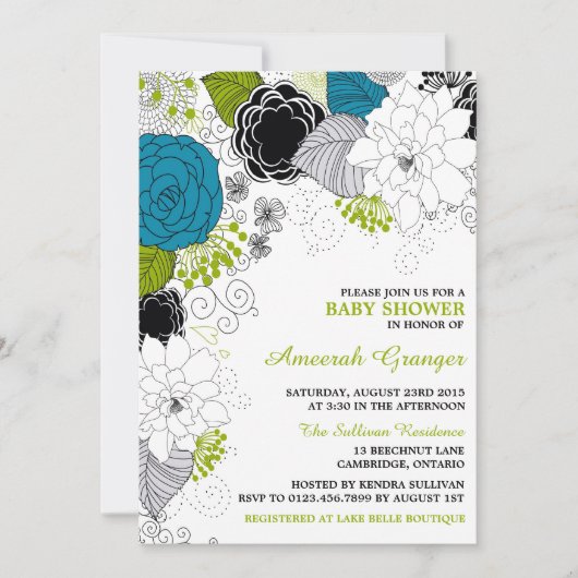 青と緑の花お洒落赤ちゃんシャワー 招待状 (正面)