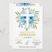 青と緑の花の洗礼招待状 招待状 (正面/裏面)