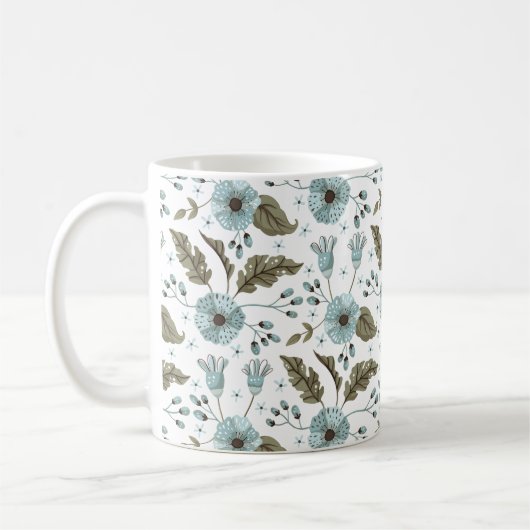 青と緑の花柄 コーヒーマグカップ (左)