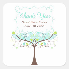 青と緑の花鳥のウェディングシャワーお礼 スクエアシール