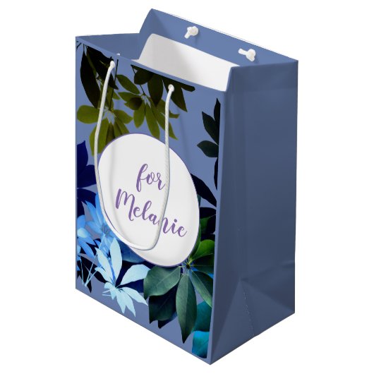 青と緑の葉のカスタムギフトベーテ ミディアムペーパーバッグ (正面アングル)