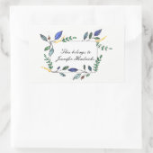 青と緑の葉の飾蔵書票 長方形シール (バッグ)