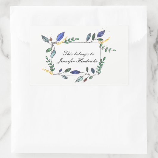 青と緑の葉の飾蔵書票 長方形シール (バッグ)