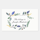 青と緑の葉の飾蔵書票 長方形シール (正面)