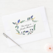 青と緑の葉の飾蔵書票 長方形シール (封筒)