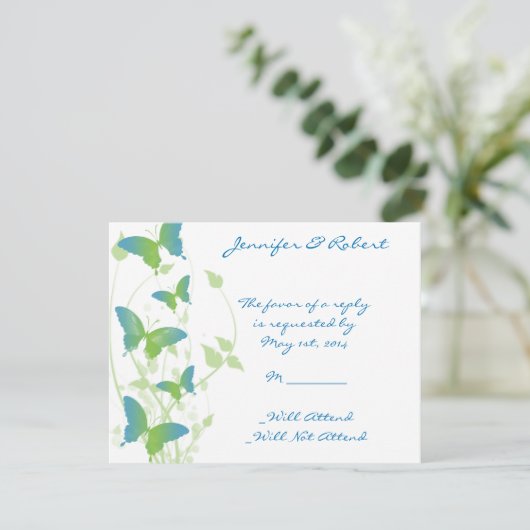 青と緑の蝶のつる植物応答カード 出欠カード (スタンド正面)