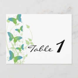 青と緑の蝶のつる植物結婚のテーブル番号 ポストカード