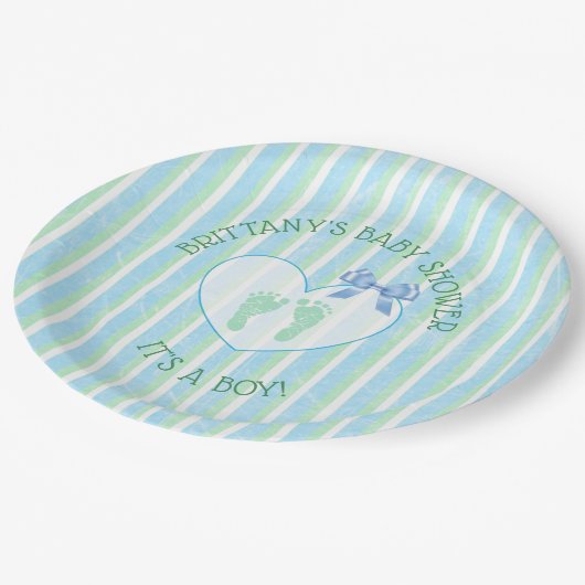 青と緑の赤ちゃんストライプのシャワー ペーパープレート (アングル)