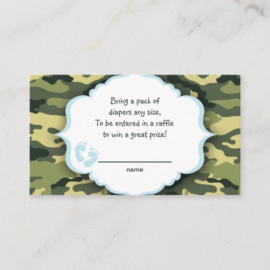 青と緑の迷彩柄のラッフルチケットまたはカードの挿入 エンクロージャーカード (正面)