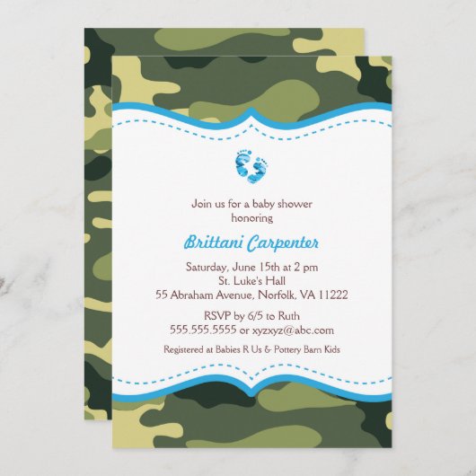 青と緑の迷彩柄ベビーシャワー招待状と足 招待状 (正面/裏面)