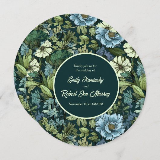 青と緑の野ビクトリアン花のパターン 招待状 (正面/裏面)