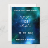 青と緑の銀河系結婚式の日付を保存 案内ポストカード (正面/裏面)