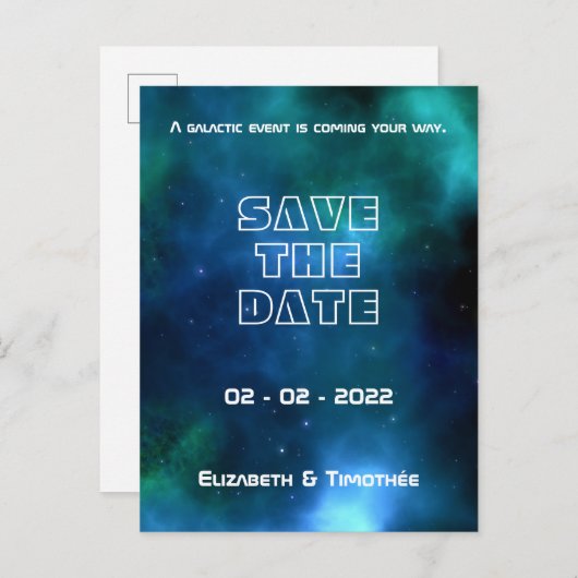 青と緑の銀河系結婚式の日付を保存 案内ポストカード (正面/裏面)