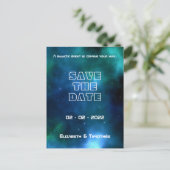 青と緑の銀河系結婚式の日付を保存 案内ポストカード (スタンド正面)